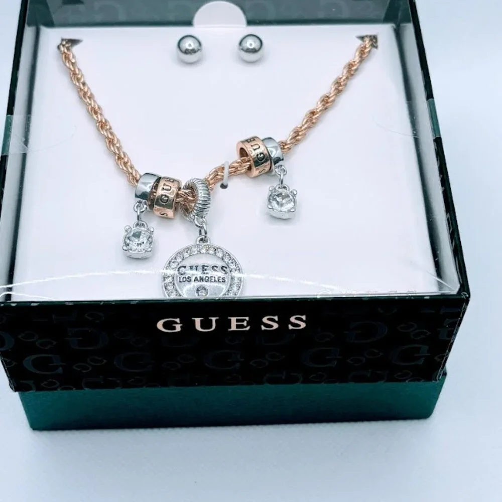 Guess Gift Boxed Set Earrings Necklace With Gold And Silver Tone Charms NWOT - Picture 3 of 5